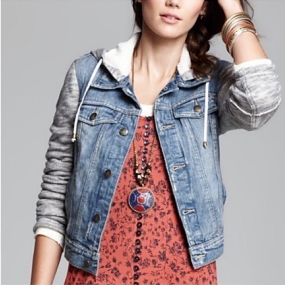 Free People Denim Mixed Media Fringe Hooded Jacket sz S